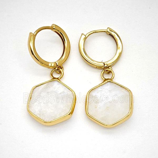 White Moonstone Copper Hoop Earrings Hexagon Gold Plated