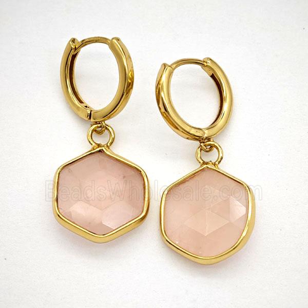 Pink Rose Quartz Copper Hoop Earrings Hexagon Gold Plated