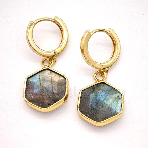 Labradorite Copper Hoop Earrings Hexagon Gold Plated