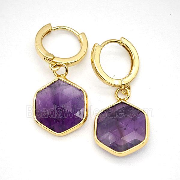 Purple Amethyst Copper Hoop Earrings Hexagon Gold Plated
