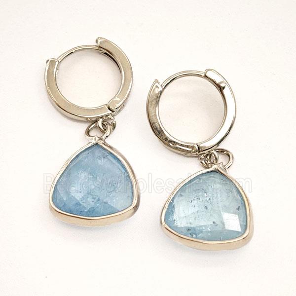 Blue Aquamarine Copper Hoop Earrings Triangle Platinum Plated