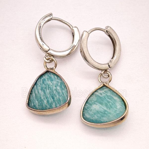 Green Amazonite Copper Hoop Earrings Triangle Platinum Plated