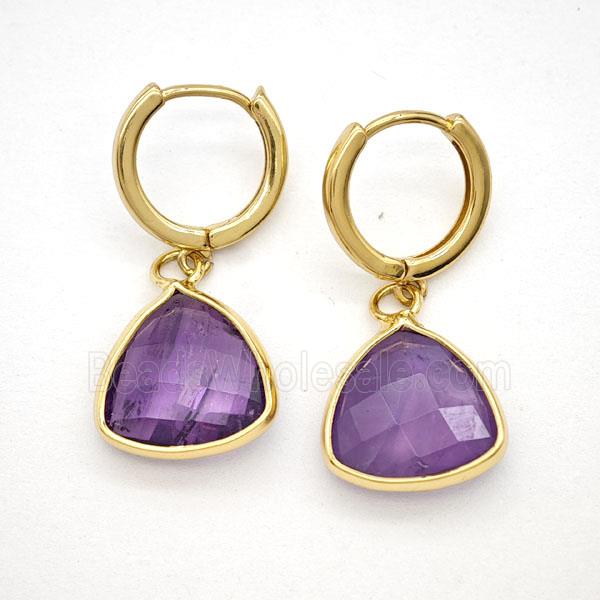 Purple Amethyst Copper Hoop Earrings Triangle Gold Plated