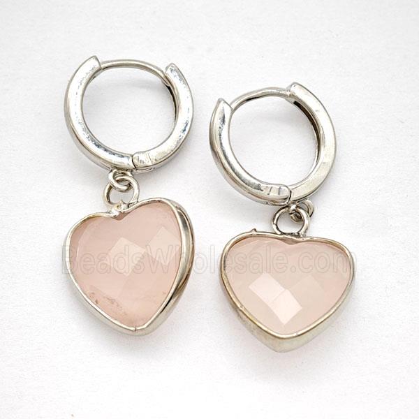 Pink Rose Quartz Copper Hoop Earrings Heart Platinum Plated