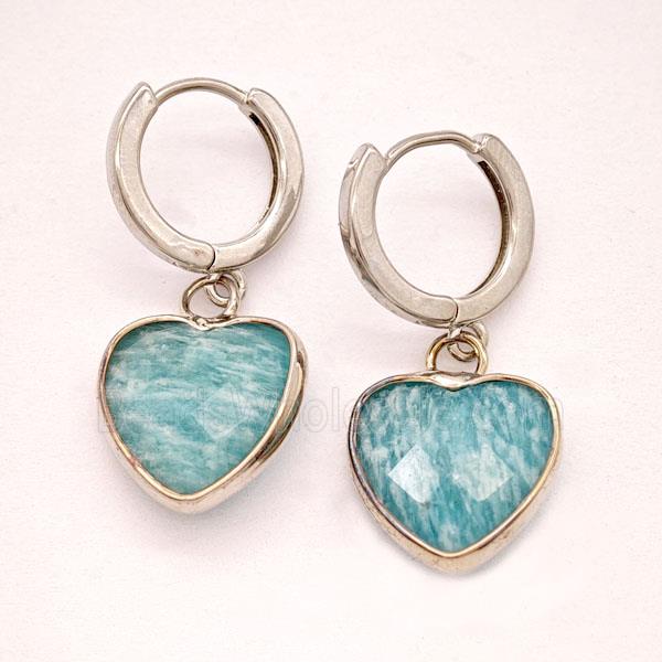 Green Amazonite Copper Hoop Earrings Heart Platinum Plated