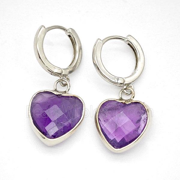 Purple Amethyst Copper Hoop Earrings Heart Platinum Plated