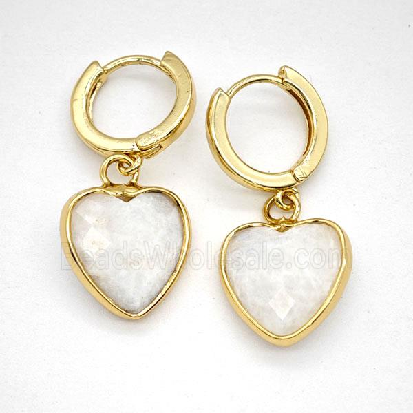 White Moonstone Copper Hoop Earrings Heart Gold Plated
