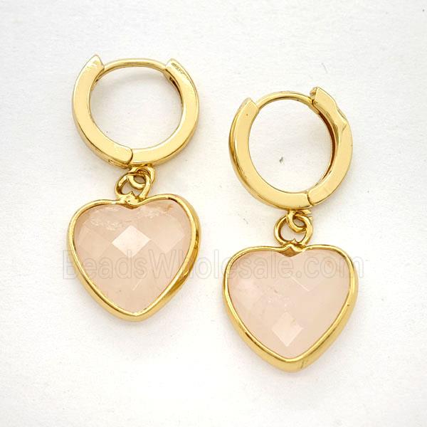 Pink Rose Quartz Copper Hoop Earrings Heart Gold Plated