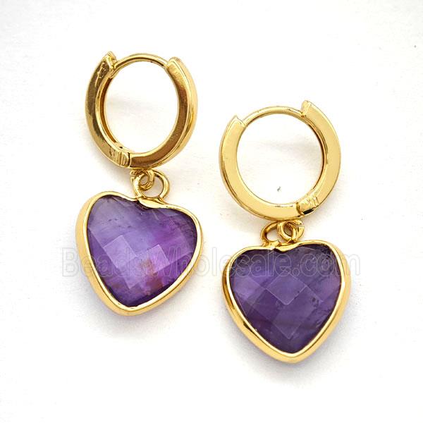 Purple Amethyst Copper Hoop Earrings Heart Gold Plated