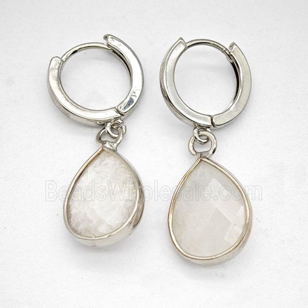 White Moonstone Copper Hoop Earrings Teardrop Platinum Plated