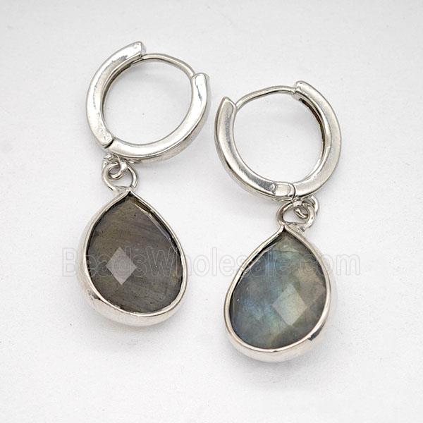 Labradorite Copper Hoop Earrings Teardrop Platinum Plated