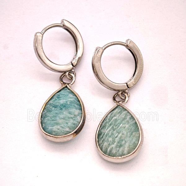 Green Amazonite Copper Hoop Earrings Teardrop Platinum Plated
