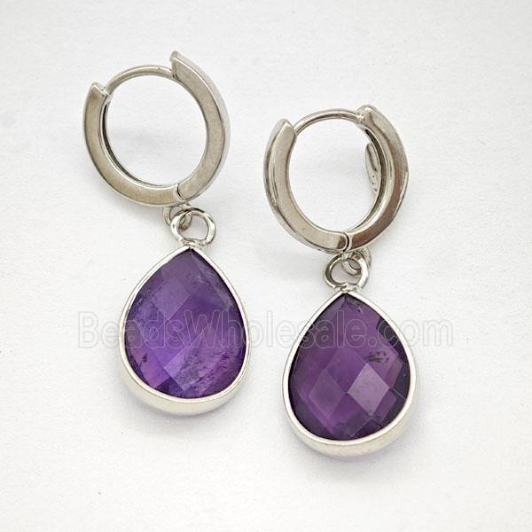 Purple Amethyst Copper Hoop Earrings Teardrop Platinum Plated