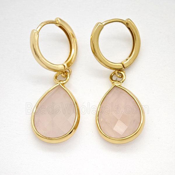 Pink Rose Quartz Copper Hoop Earrings Teardrop Gold Plated