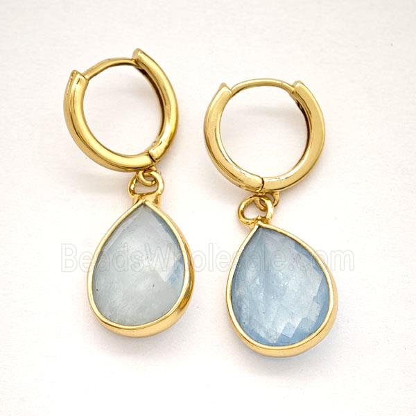 Blue Aquamarine Copper Hoop Earrings Teardrop Gold Plated