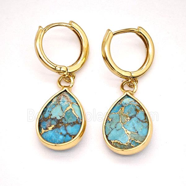Mosaic Turquoise Copper Hoop Earrings Teardrop Gold Plated
