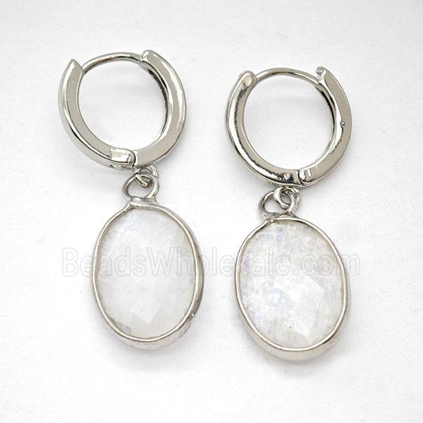 White Moonstone Copper Hoop Earrings Oval Platinum Plated
