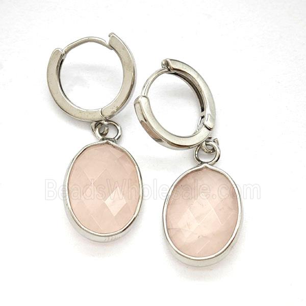 Pink Rose Quartz Copper Hoop Earrings Oval Platinum Plated