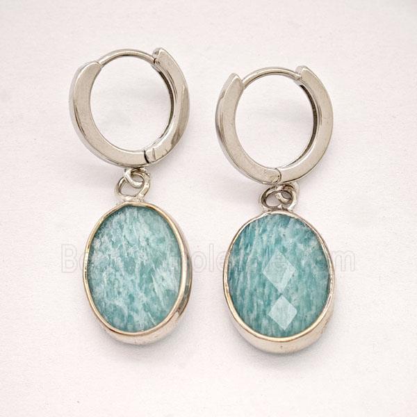 Green Amazonite Copper Hoop Earrings Oval Platinum Plated