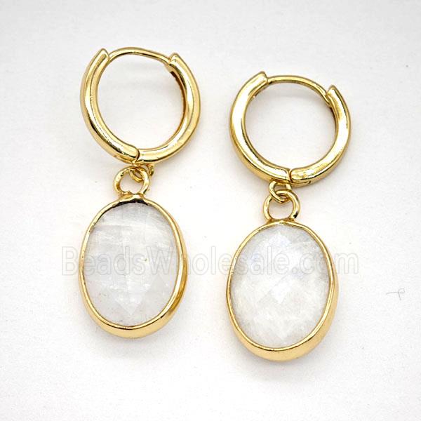 White Moonstone Copper Hoop Earrings Oval Gold Plated