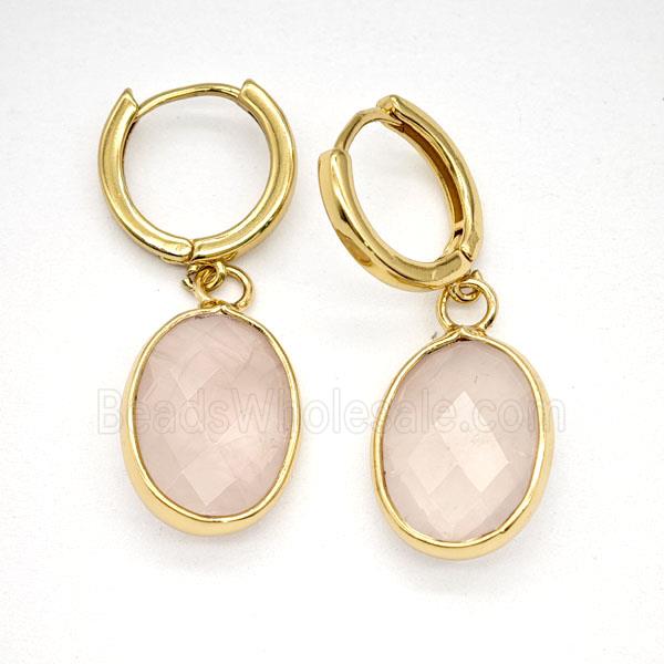 Pink Rose Quartz Copper Hoop Earrings Oval Gold Plated