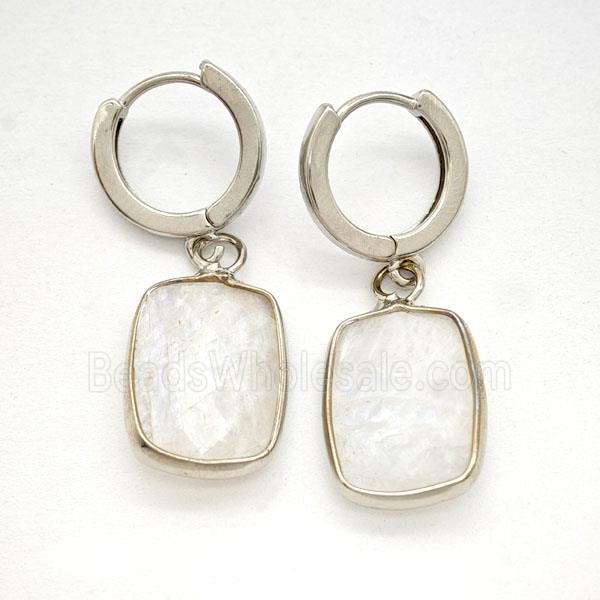 White Moonstone Copper Hoop Earrings Rectangle Platinum Plated