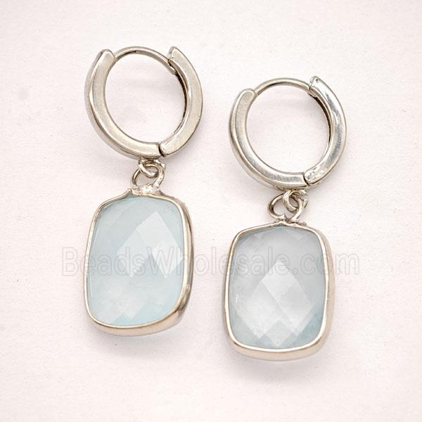 Blue Aquamarine Copper Hoop Earrings Rectangle Platinum Plated