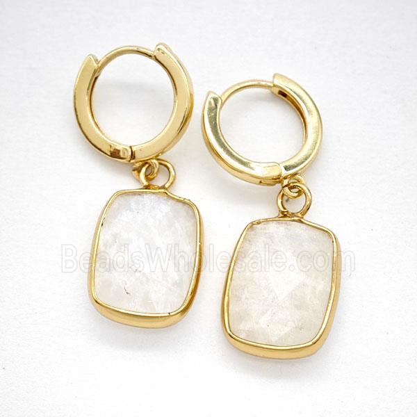 White Moonstone Copper Hoop Earrings Rectangle Gold Plated
