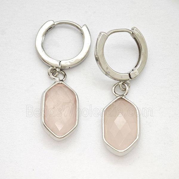 Pink Rose Quartz Copper Hoop Earrings Prism Platinum Plated