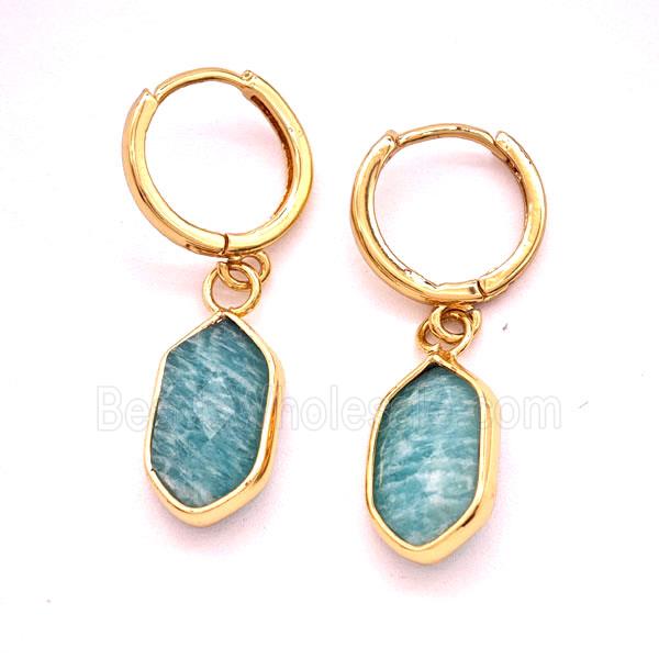 Green Amazonite Copper Hoop Earrings Prism Gold Plated