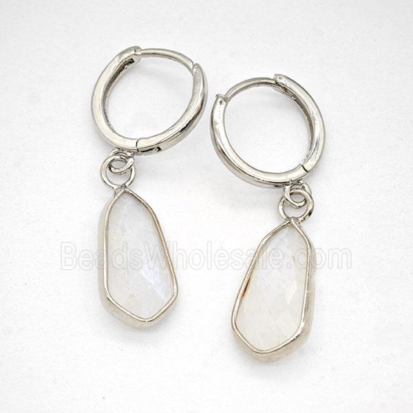 White Moonstone Copper Hoop Earrings Teardrop Platinum Plated