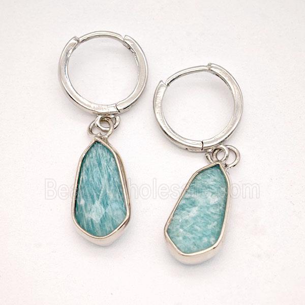 Green Amazonite Copper Hoop Earrings Teardrop Platinum Plated
