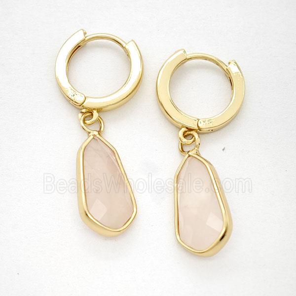 Pink Rose Quartz Copper Hoop Earrings Teardrop Gold Plated