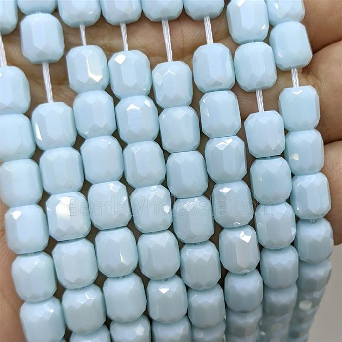 Blue Jadeite Glass Barrel Beads Faceted Electroplated