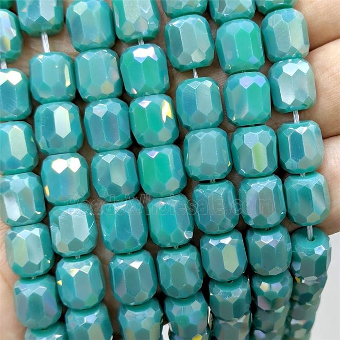 Green Jadeite Glass Barrel Beads Faceted Electroplated