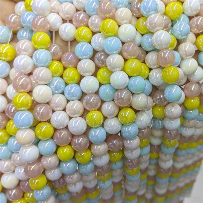 Round Jadeite Glass Beads Mixed Color Electroplated Smooth