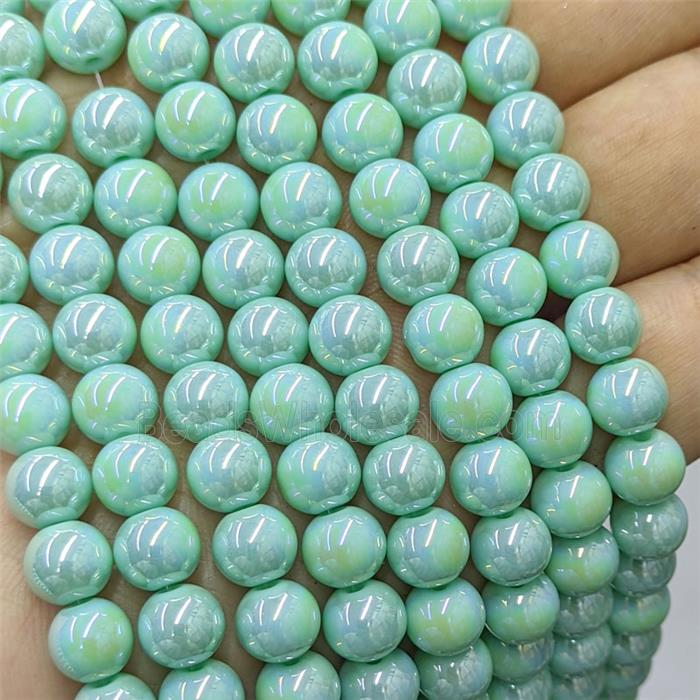 Green Jadeite Glass Beads Smooth Round Electroplated