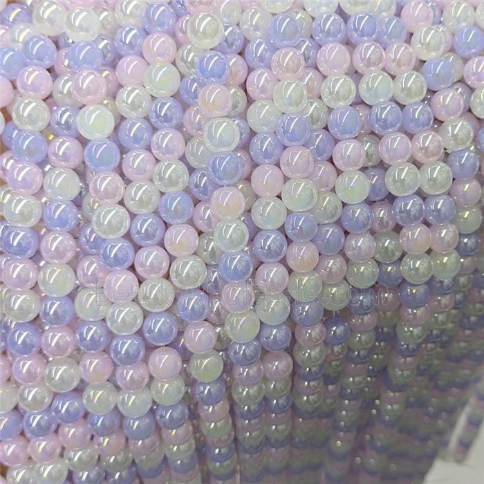 Purple Pink Jadeite Glass Beads Smooth Round Electroplated