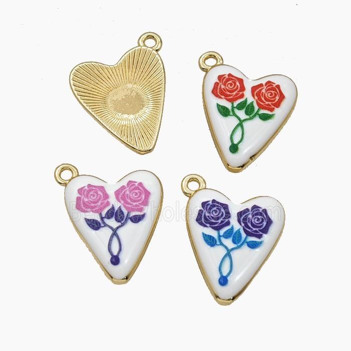 Copper Heart Pendant Flower Painted Gold Plated Mixed