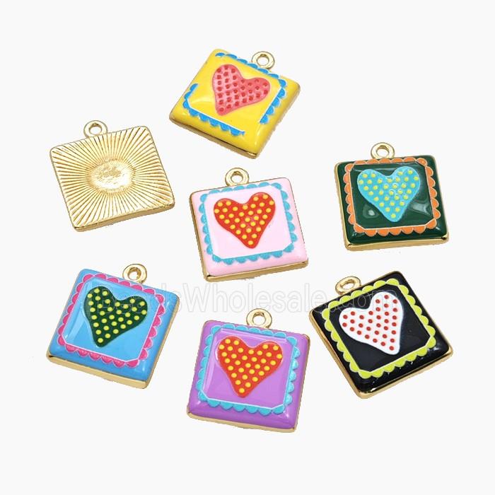 Copper Square Pendant Painted Heart Gold Plated Mixed