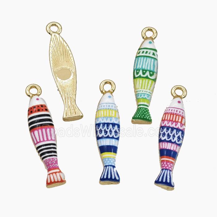 Copper Fish Pendant Pave Porcelain Painted Gold Plated Mixed