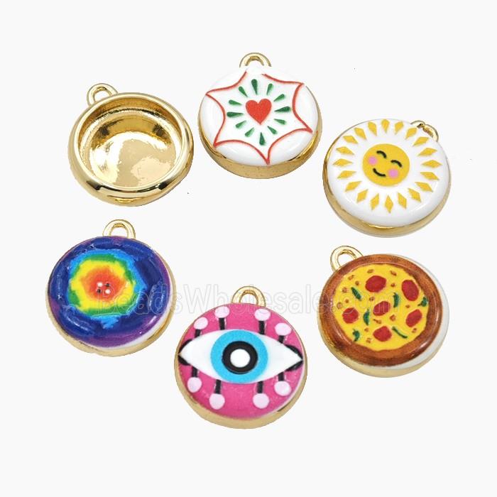 Copper Coin Pendant Pave Porcelain Painted Gold Plated Mixed