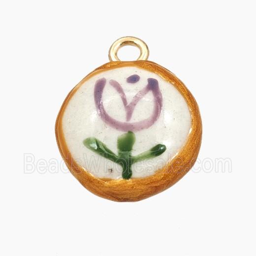 Porcelain Button Pendant Flower Painted