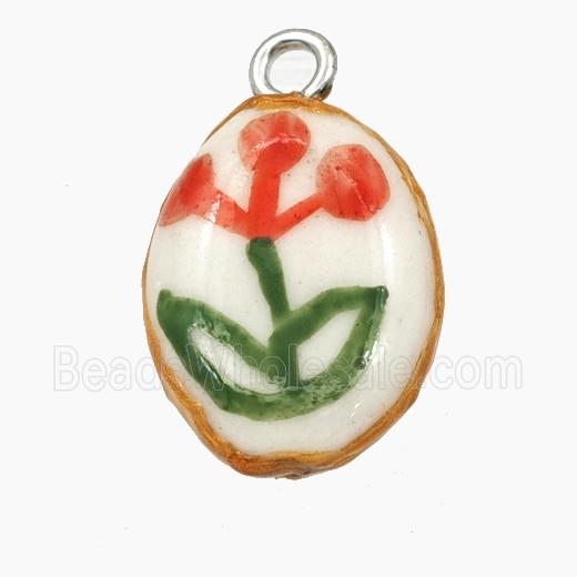 Porcelain Oval Pendant Flower Painted