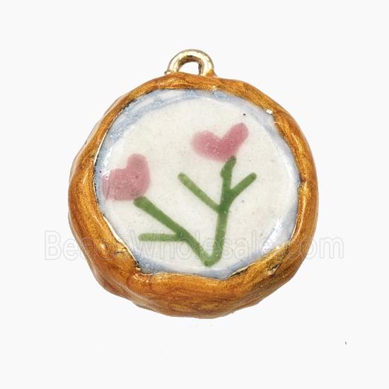 Porcelain Button Pendant Flower Painted