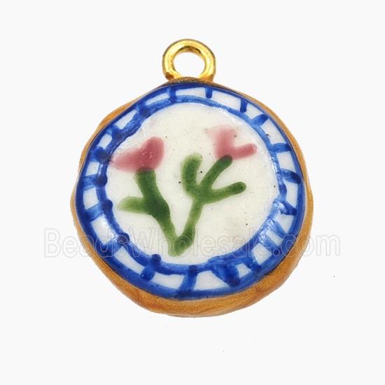 Porcelain Button Pendant Flower Painted