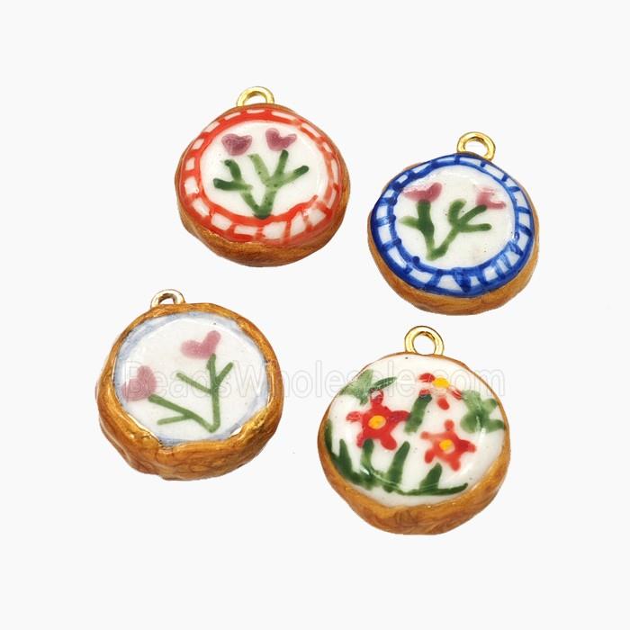 Porcelain Button Pendant Flower Painted Coin Mixed