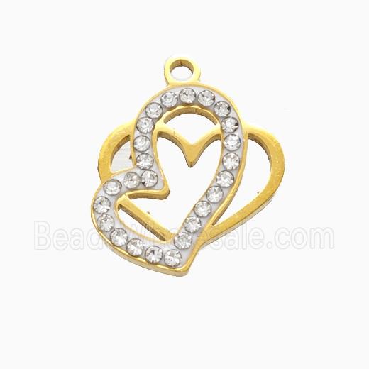 Stainless Steel Heart Pendant Pave Rhinestone Gold Plated