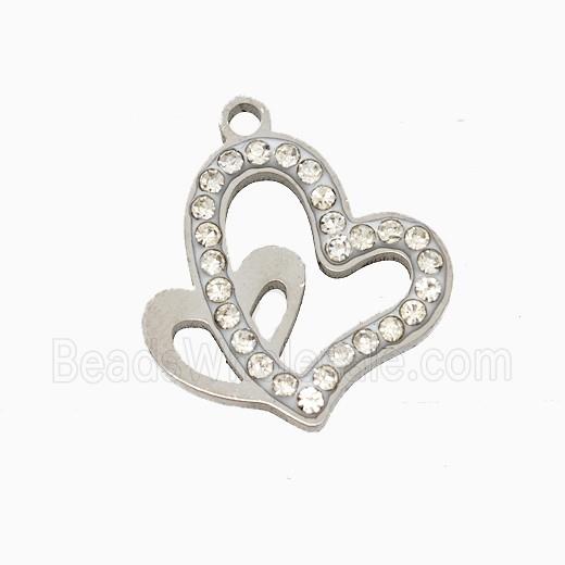 Raw Stainless Steel Heart Pendant Pave Rhinestone