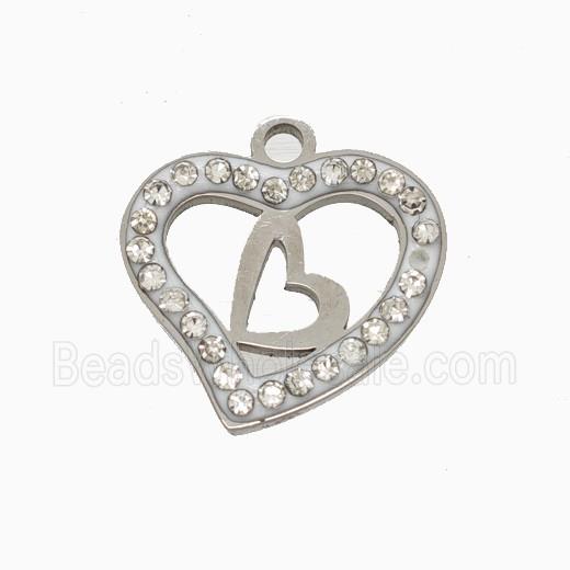 Raw Stainless Steel Heart Pendant Pave Rhinestone